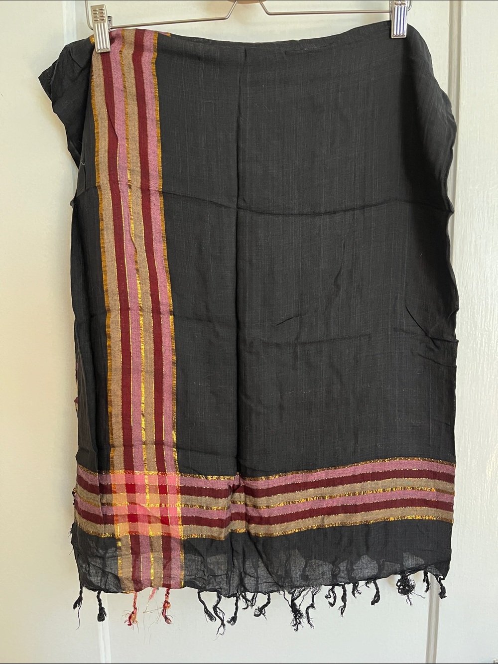 Large Square Black Scarf with Pink, Gold & Burgundy Woven Border 44” x 48”